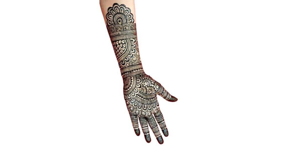 Elegant Full-Hand Mehndi Design with Bold Floral and Geometric Patterns