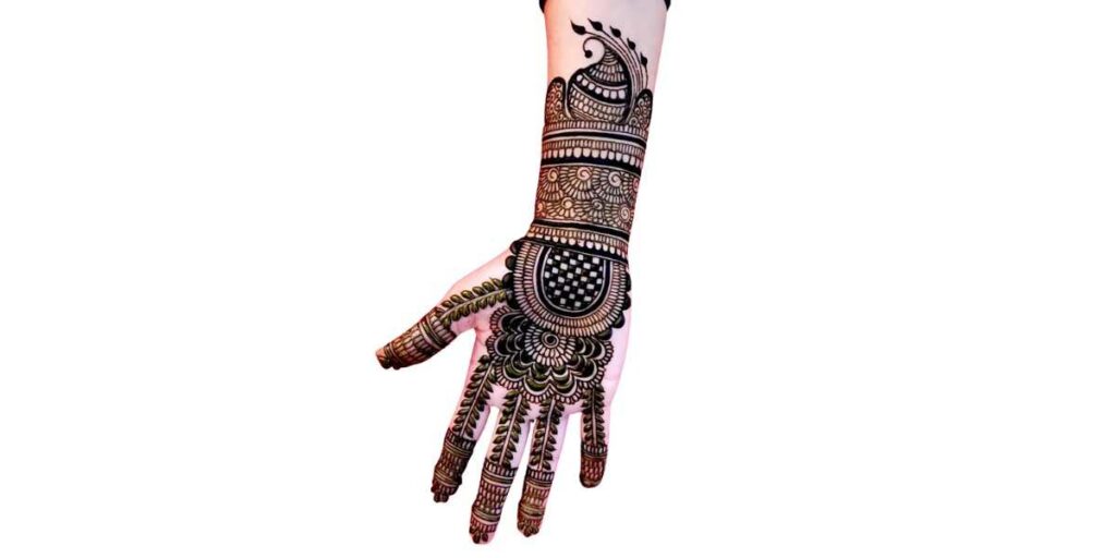 Traditional Full-Hand Mehndi Design with Mandala and Leaf Patterns
