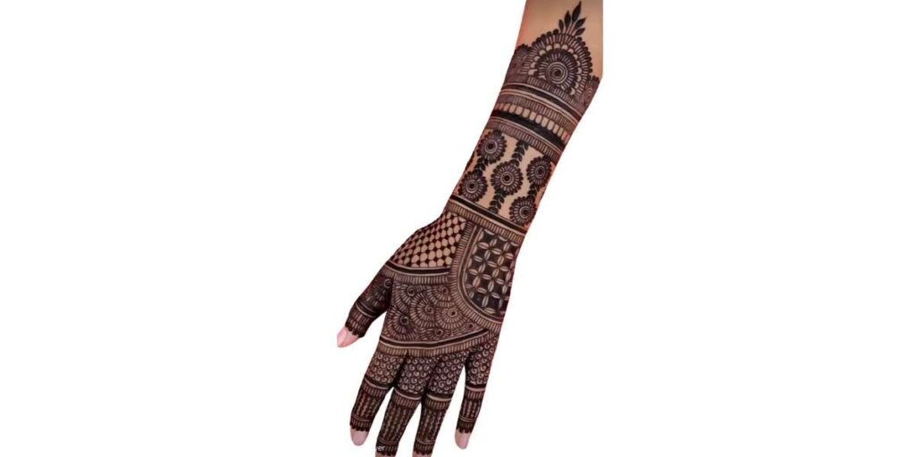 Stylish Full-Hand Mehndi Design with Circular Motifs and Geometric Detailing