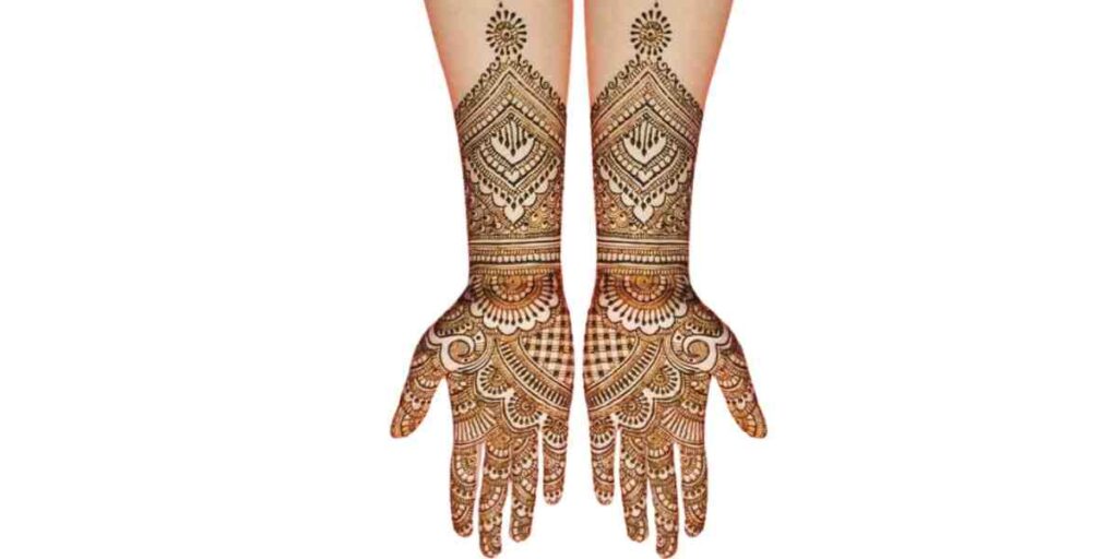 Elegant Full-Hand Mehndi Design with Diamond Motifs and Floral Layers
