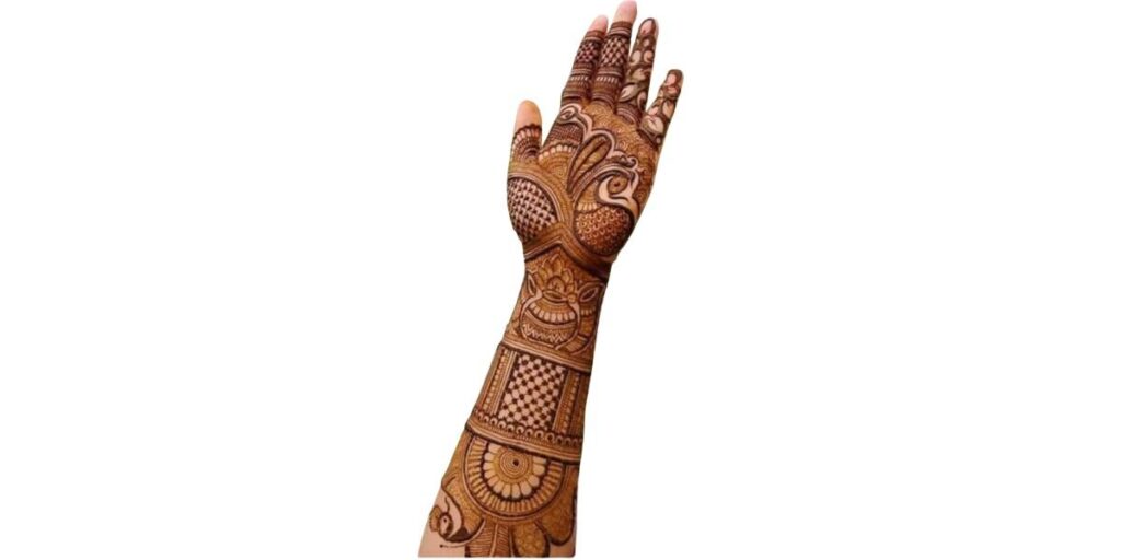 Traditional Peacock and Pot Motif Full-Hand Mehndi Design
