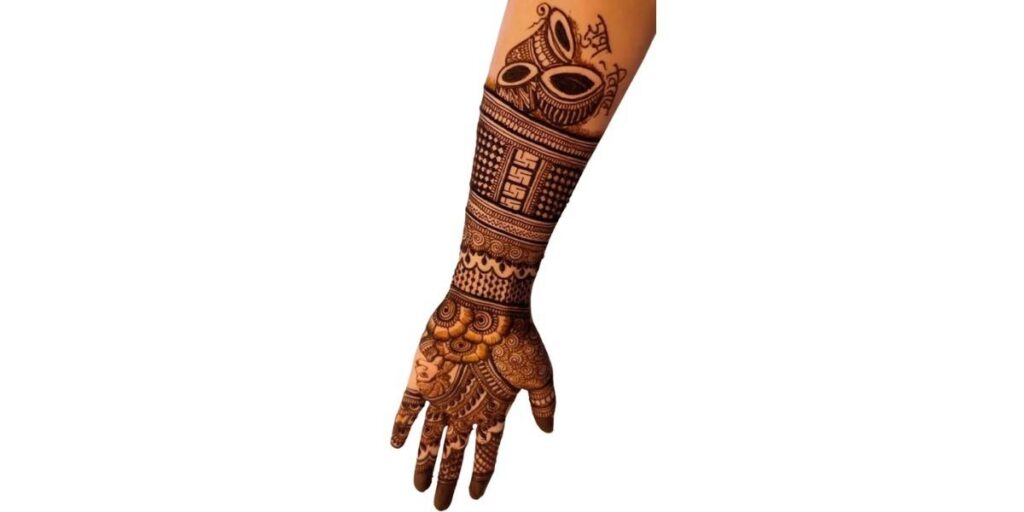 Elegant Bridal Full-Hand Mehndi with Kalash & Dulhan Motif