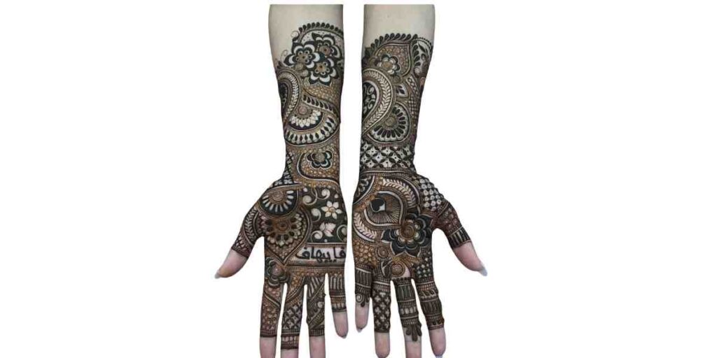 Elegant Full-Hand Bridal Mehndi Design with Intricate Paisley & Floral Patterns