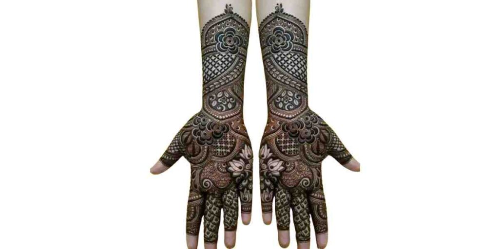 Traditional Full-Hand Mehndi Design with Bold Floral and Net Patterns