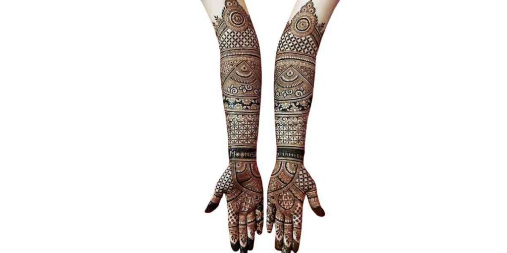 Modern Full-Hand Bridal Mehndi with Geometric Detailing and Dome Motifs
