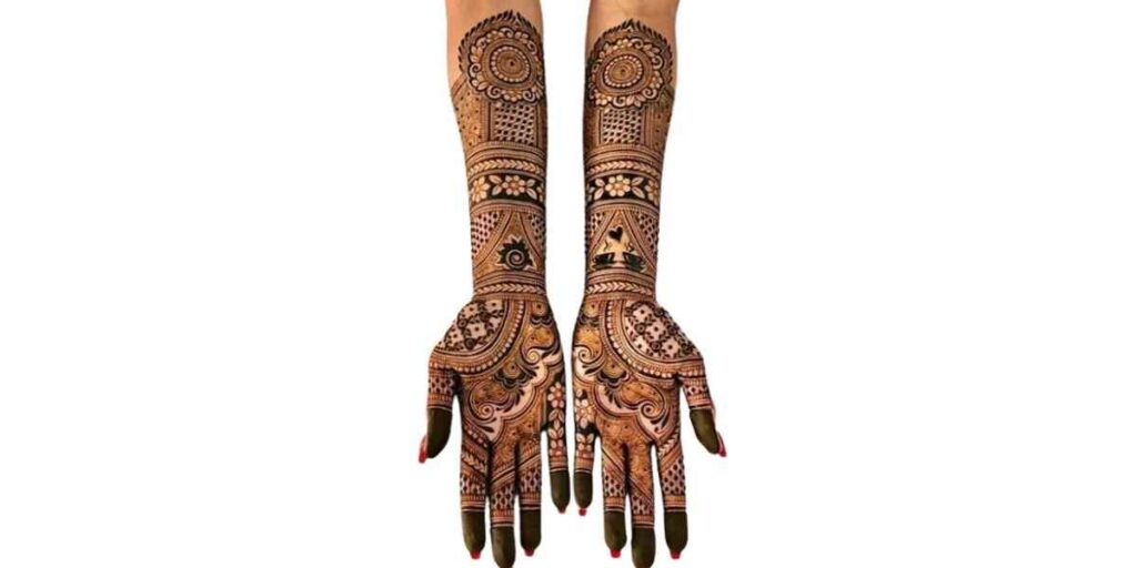 Elegant Full-Hand Mehndi with Swirl Motifs and Floral Panel Detailing
