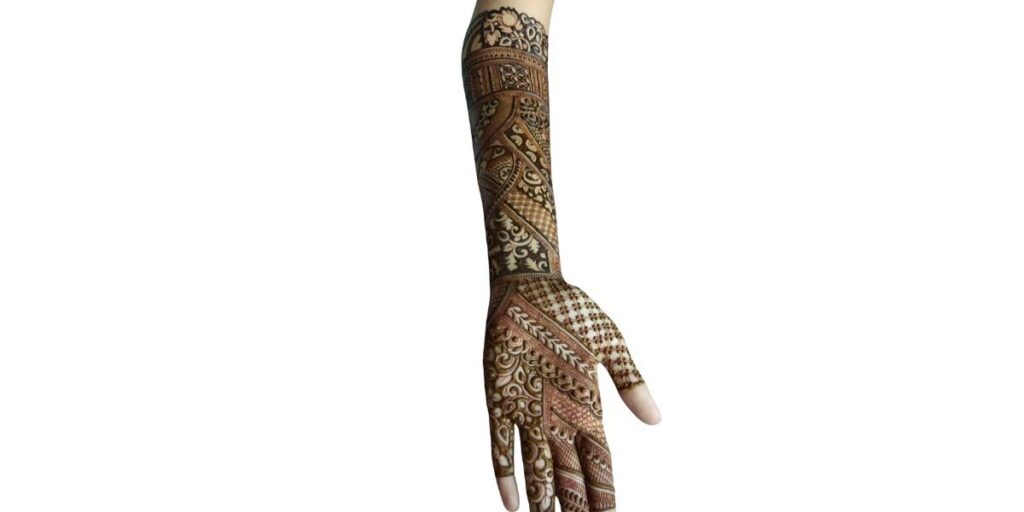 Geometric Full-Hand Mehndi with Diagonal Panels and Fine Shaded Detailing
