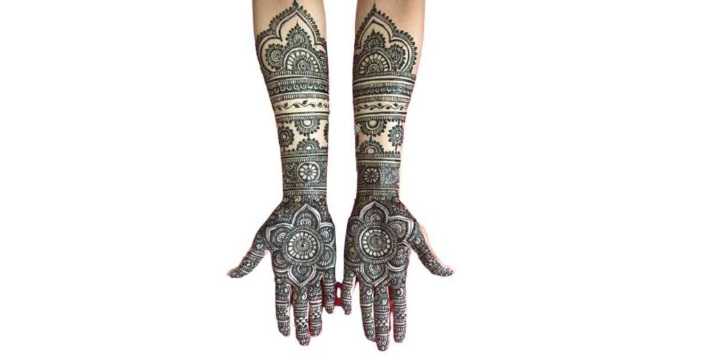 Classic Full-Hand Mehndi with Bold Mandala Palms and Temple-Inspired Patterns
