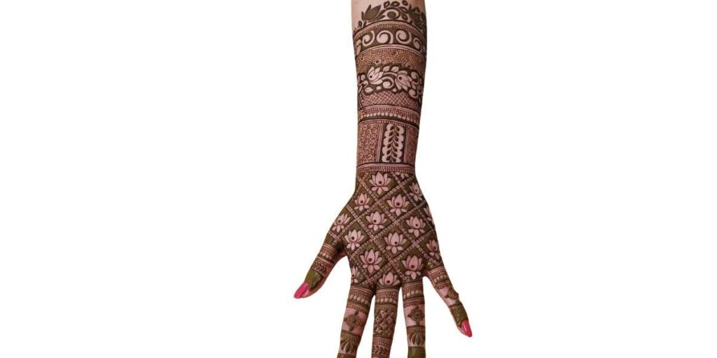 Elegant Full-Hand Bridal Mehndi with Intricate Lotus Grid Pattern