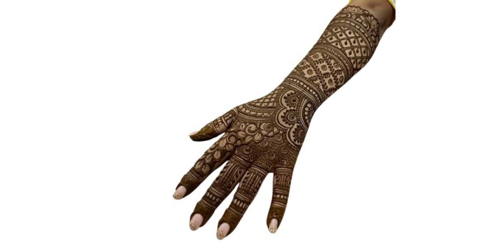 Traditional Full-Hand Mehndi with Detailed Mandala and Checkered Patterns