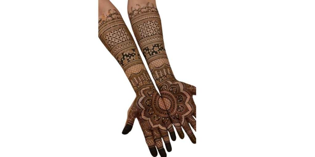 Elegant Mandala Mehndi with Layered Forearm Bands and Floral Detailing