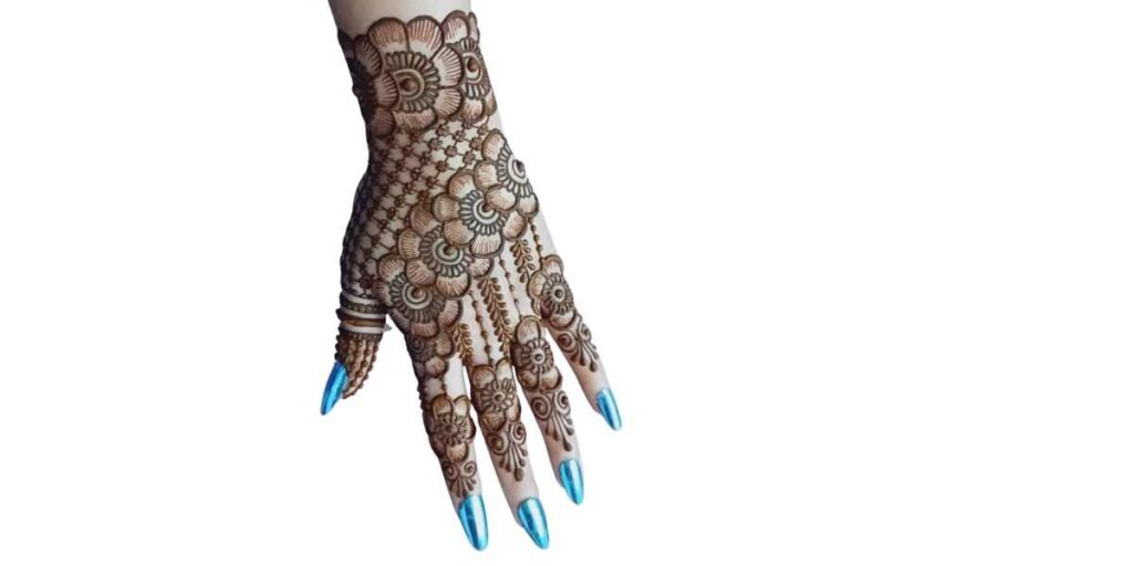 Floral Mesh Back Hand Mehndi Design with Bold Petal Detailing