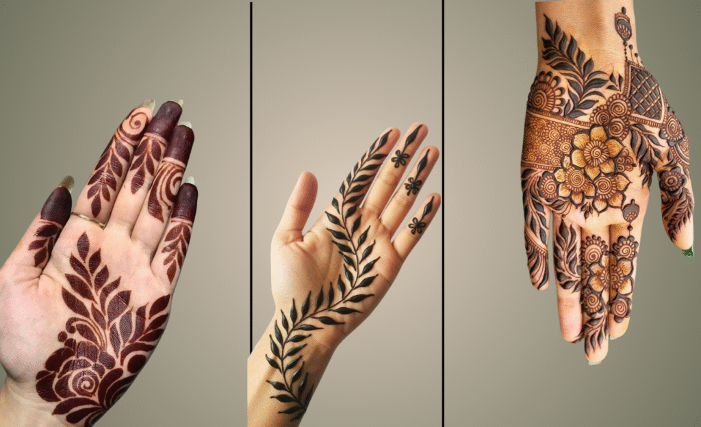 Front Hand Mehndi Design with Leaves and Floral Maze
