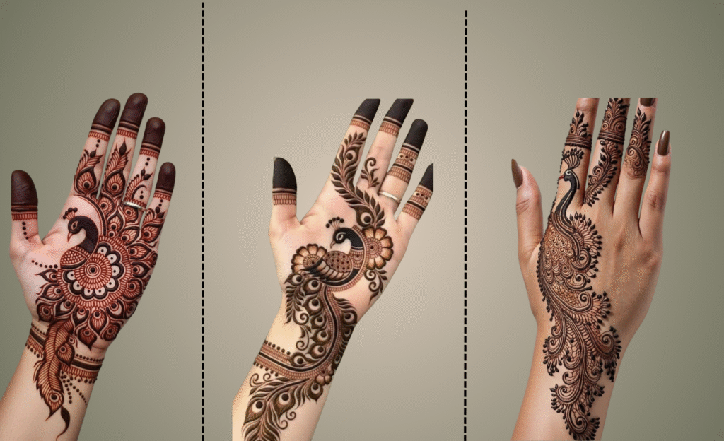 Simple Arabic Henna design with a peacock motif